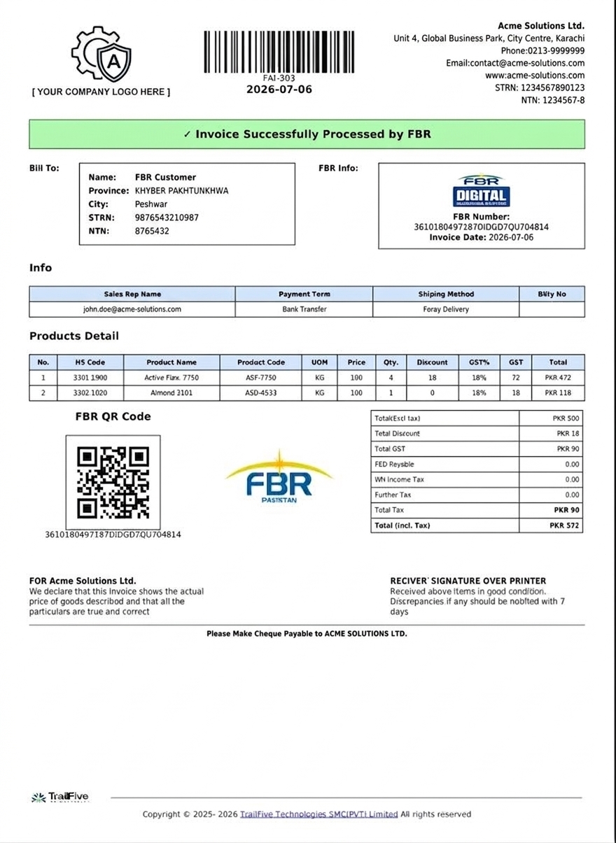 FBR-validated invoice preview with IRN and QR code from Invociss